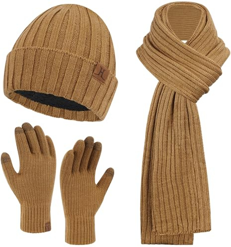 ZASFOU Uomo Cappello Invernale Sciarpa Guanti Touch Screen Set Caldo Pile Foderati in Maglia Berretto Cappelli Sciarpe lunghe Guanto Regalo per Uomo