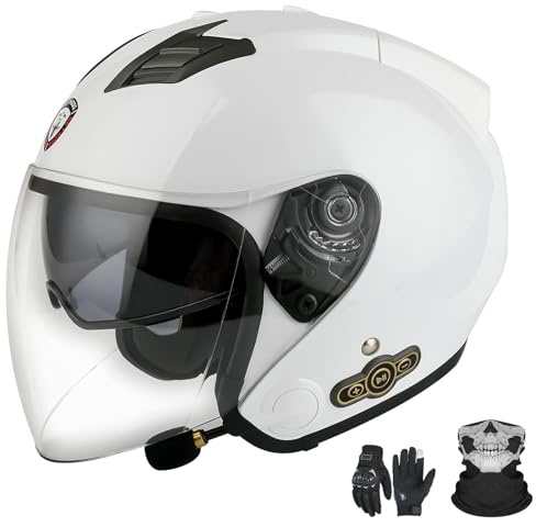 Casco Jet con Bluetooth para motocicleta, certificación ECE, casco con Bluetooth integrado, casco jet para scooter, casco scooter, casco jet para hombre y mujer con doble visera C,L (59-60cm)