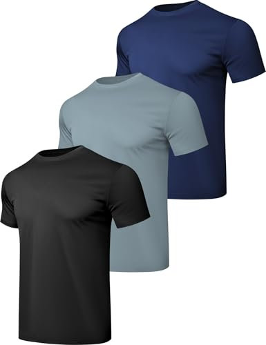HovSiyla 3 Pack Running T Shirts Men Sport Tops Dry Fit Moisture Wicking Athletic Breathable Short Sleeve Workout Shirts Black Grey Navy Medium