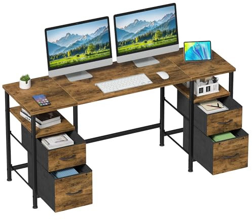 140x48cm Schreibtisch mit 4 Stoff Schubladen Stauraum, Computertisch Bürotisch Computer Office Desk, Büro Gaming Tisch Arbeitstisch PC Study Table, Konferenztisch, Industrial Holz