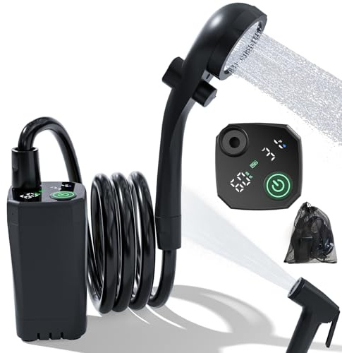 BIGCOW Portable Camping Shower, 6000mAh Rechargeable Outdoor Shower Pump, Digital Display, IPX7 Waterproof, with Shower Head and Bidet Sprayer for Hiking, Car Wash, Pet Bath (Black)