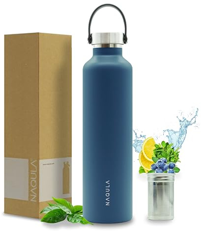 NAQULA® Thermosflasche 1000 ml mit Tragegriff und abnehmbarem Sieb f Tee od Früchte. Edelstahl Trinkflasche auslaufsicher, kohlensäurehaltige Getränke geeignet, Isolierflasche heiß und kalt. (Blau)