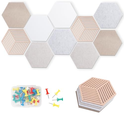 BigKing 10 tableros de fieltro hexagonales con 35 alfileres, pizarra de corcho, autoadhesivos, para dormitorio, oficina, estudio, tablón de anuncios de pared para tablones de anuncios