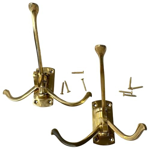Thorness Set of Two Polished Brass 𝟯-𝗣𝗥𝗢𝗡𝗚 𝗦𝗪𝗜𝗩𝗘𝗟 𝗖𝗢𝗔𝗧 𝗛𝗢𝗢𝗞𝗦, Folding Wall Mount Hanger with Screws Included