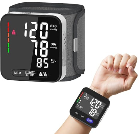 Nzkeuf Tensiómetro de muñeca con detección de arritmia, medición de presión arterial y pulso totalmente automática, indicador de riesgo colorido, 2 × 99 memorias, para muñecas de 13,5 – 21,5 cm
