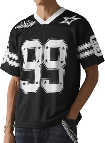 HAWILAND Men's Mesh Short Sleeve V Neck Jersey Tops Graphic Basketball Football Oversized Tee T Shirt Black Medium