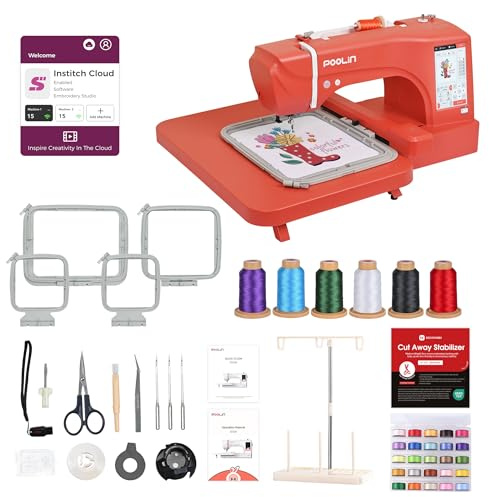 PooLin EOC06 Roja - Máquina de bordar, pantalla táctil, bordador digital, letras y patrones, máquina embroidery, para personalizar camisetas, polos, chaquetas, camisas, bolsos, toallas y más