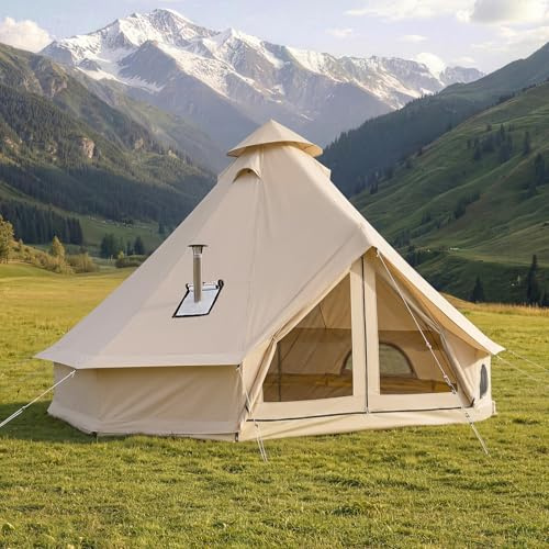 VEVOR Oxford klocktält, 3 m jurt, 4 årstider, med ugnsrör, upp till 3 personer, med avtagbar botten (dragkedja), perfekt för familjens camping och utomhusaktiviteter, beige
