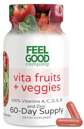 FeelGood Superfoods Vita Fruits and Veggies Capsules - 25 Superfood Ingredients, Fruit and Vegetable Multivitamin, 60 Count - for Men and Women - Vitamins A, C, D, E, B and Zinc
