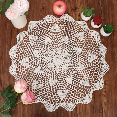 kilofly Handmade Crochet Cotton Lace Table Sofa Doily, Waterlily, Beige, 22 inch