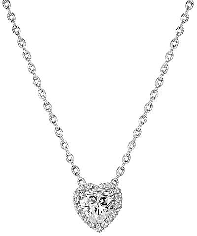 PAVOI 14K Gold Plated Post Faux Diamond Heart Shape Pendant Halo Necklace in White Gold - Valentines Day Trendy Jewelry