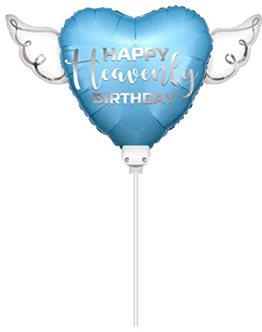 Heavenly Balloons Blue Happy Heavenly Birthday 8 Heart Balloon on a Stick with Angel Wings - Memorial & Remembrance | Grave Decoration for Cemetery and Graveside