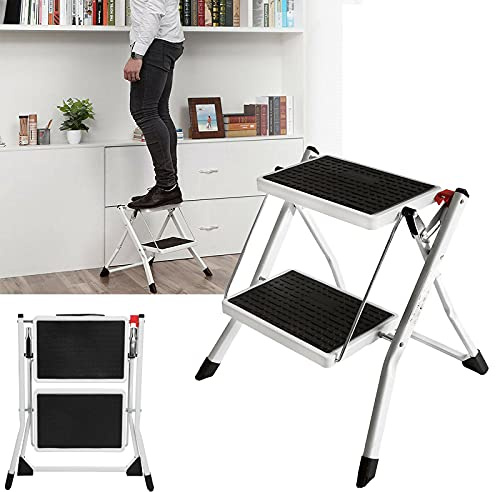 Folding Step Stool 2 Tier Steel Step Stool with Non-Slip Rubber Mat Wide Safe Pedal Max Load 150kg
