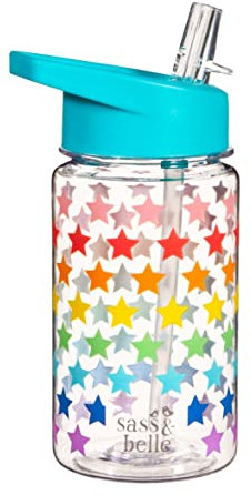 Sass & Belle Rainbow Stars - Borraccia riutilizzabile da 400 ml, senza BPA, con coperchio pieghevole con cannuccia, design a stelle colorate, leggera e resistente, per bambini, per scuola, viaggi o