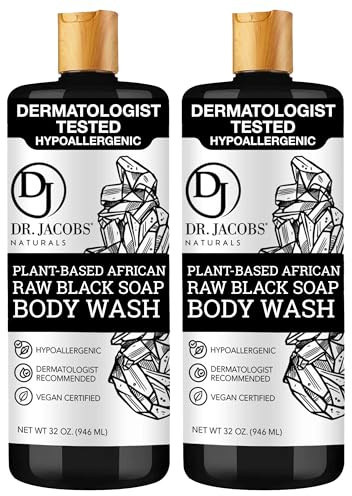 Dr Jacobs Naturals Authentic African Raw Black Soap, All-In-One Cleanser for Face Wash, Sensitive Skin Body Wash, Shampoo, Shaving Soap | Shea Butter Moisturizing and Nourishing Formula | 32oz 2pk