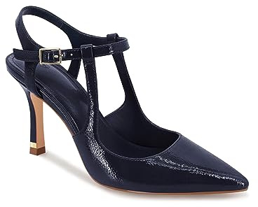 Coutgo Womens High Heels Pointed Toe Ankle Strap Pumps Patent Leather Sexy Stiletto Office Wedding Dress Shoes, Navy, Size 7.5