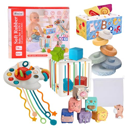 Babybaipro -Montessori pedagogiskt sensoriskt leksaksset för spädbarn, pojke-flicka, 6 i 1: stapelbara block, näsdukslåda, födelsepresent, födelsedag, 6 till 36 månader, 2 år giftfri 34 stycken