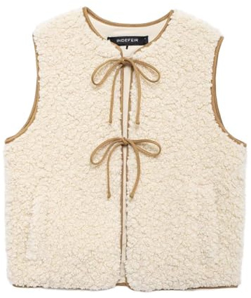 Perbai Women's Fuzzy Fleece Vest Crewneck Sleeveless Sherpa Jacket Tie Front Y2K Cardigan Vest Gilet with Pockets(Beige-M)