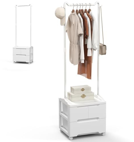 HOMASIS Rella Appendiabiti con Ruote con 3 Cassetti, Stand Appendiabiti con Asta per Appendere Vestiti e 2 Ganci, Appendiabiti da Terra per Ingresso, Soggiorno, Camera da Letto, Bianco