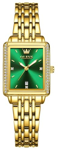 OLEVS Damenuhr Gold Eckig Wasserdicht Armbanduhr Damen Metallarmband Analog Quarz Klein Uhr Damen Grün Zifferblatt Leuchtend Edelstahl Uhren Frauen mit Datum Geschenke