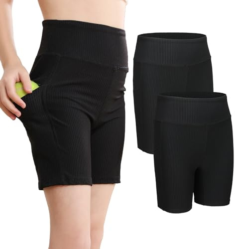 VilyR Mädchen-Fahrradshorts, gerippt, 12,7 cm, hohe Taille, mit Taschen, 5–12 Jahre, 2 Stück, schwarz/schwarz, 140