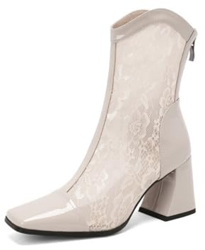Générique Bottines Cheville Femme Dentelle Florale Bout Carré Talon Bloc Bottillons Vernis Cuir Mesh Dentelle Transparente Bottines Cheville avec Fermeture