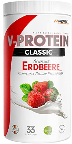 Vegan Protein Pulver ERDBEERE 1kg - V-PROTEIN - Pflanzliches Eiweißpulver auf Erbsenprotein-Basis mit 73,1% Eiweiß-Gehalt - optimale Protein-Wertigkeit - veganer Protein-Shake ohne Soja & Weizen