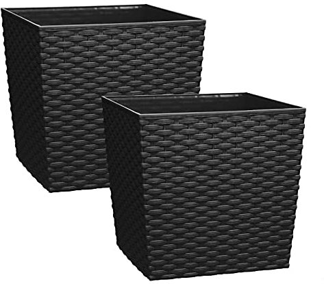 Simpahome 7 Litre Cubie Rattan Plastic Planters - Black, Set of 2 Pots - 19cm (H) x (W) x (D)
