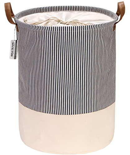 Sea Team Stripe Pattern Cesto para la colada Cesta de tela lona Cesto de almacenamiento plegable con asas de cuero de PU y cierre de cordón, 17.7 por 13.8 pulgadas, interior impermeable, azul marino