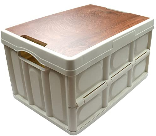 Roellgs 55L household folding storage box wooden cover thickened outdoor multifunctional camping car storage box can be used as a bedside table (52.5x35x28.5)