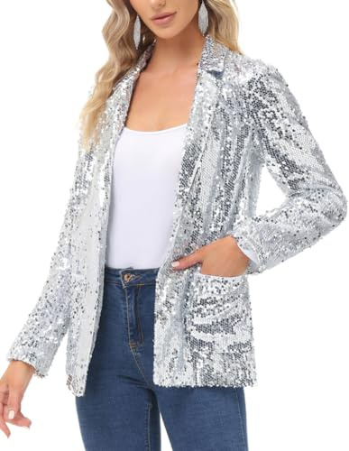 Women's Sparkly Jackets Long Sleeve Sequin Blazer Open Front Glitter Evening Formal Jacket for Party Silver L