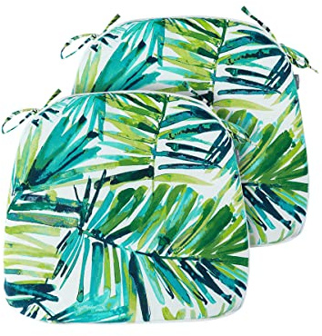 Magpie Fabrics 17x16x2 U-Shape Chair Cushions with Ties 2 Count, Outdoor Indoor Waterproof All Weather Seat Pads Decoration for Patio Garden Dining Office - Green Palm Leaves