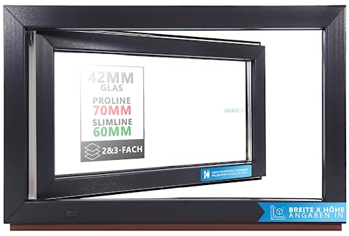 Kellerfenster Kunststofffenster anthrazit, BxH: 100 x 60 cm / 1000 x 600 mm Verglasung (32 mm) Dreh-Kipp inkl. Pilzkopfverriegelung, DIN Rechts (Griff Links), 70 mm Profil