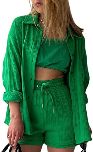 Geagodelia Women's 2 Pieces Outfit Summer Ladies Co Ord Set Button Down Shirt Top + Shorts Y2k Aesthetic Clothes Loungewear Streetwear Workout (A - Green, S)