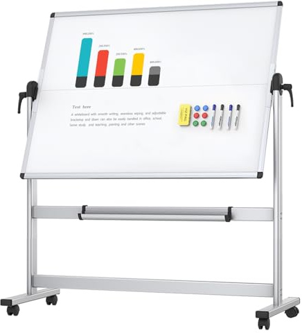 VIZ-PRO Lavagna bianca mobile bifacciale, 120 x 90 cm, lavagna bianca magnetica con rotella cancellabile a secco su ruote, telaio in alluminio e supporto