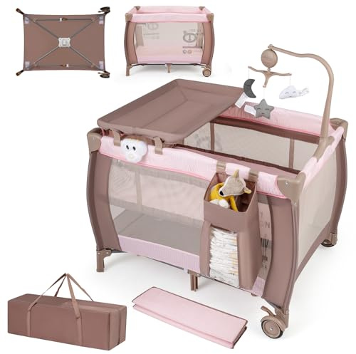 Maxmass 3 in 1 Baby Travel Cot, Convertible Infant Crib with Lockable Wheels, Mattress, Changing Table, Music Box, Hanging Toys and Carry Bag, Portable Newborn Activity Center for 0-36 Months (Pink)