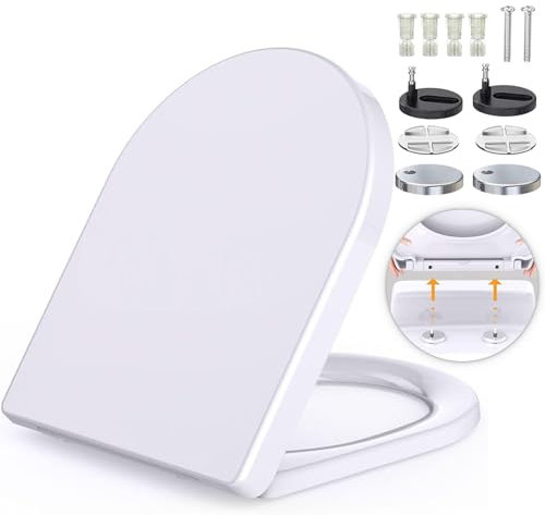 Toilettendeckel mit Absenkautomatik, WC Sitz mit Absenkautomatik, D-Form Klobrille, Absenkbarer Toilettendeckel, Toilettensitz Klodeckel mit Absenkautomatik, für die meisten Toiletten, Weiß WC-Sitz