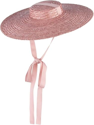getuse Chapeau de paille vintage pour femme – Chapeau de soleil Derby à large bord plat avec mentonnière – Chapeau de plage rose pour l'été, l'extérieur et les voyages, rose