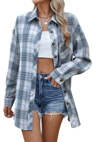 Lacozy Womens Buffalo Plaid Flannel Shirt Long Sleeve Collar Button Down Blouses Tops, Light Blue, XL