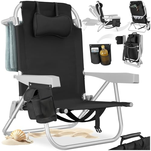 tectake® Silla Playa Plegable con Respaldo Ajustable, Estructura de Aluminio, Función Mochila, Silla Camping Ligera, Ideal cómo Sillas Playa o Sillas Plegables Camping para Relax - 1 Unidad Negro