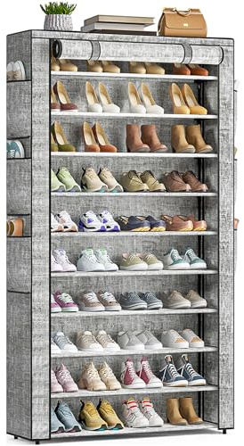 OYREL 10 Tier Shoe Rack Cabinet with Dustproof Cover, Large Capacity Shoe Stand Metal Frame, Shoe Racks Storage Space Saver for 50-56 Pairs Shoes, Shoe Shelves for Inside Wardrobe, Living Room,Hallway