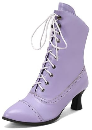Botines para Mujer de Punta Clavicular con Cordones, Botines Cortos de Tacón Alto Estilo Vintage para Uso Diario y Fiestas,Púrpura,35 EU