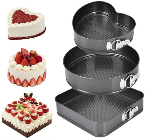 Aieraczy Juego de 3 moldes para tartas con base plana, antiadherente, rectangular, redondo, forma de corazón, molde para tartas, pizza, panqueques (20/22/24 cm)
