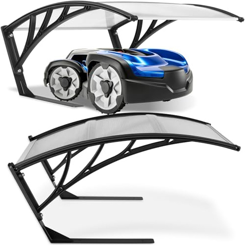 tectake®väderbeständig, stabil robotgräsklippare garage, 81 x 100 x 48 cm, stor basyta, välvt tak för vattendränering, baldakin, UV vindskydd, golvförankring – Transparent