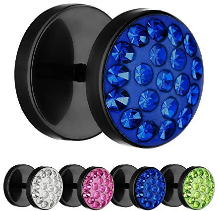 Treuheld® | 10mm Titan Fake Plug Ohrstecker | Schwarz | Blaue Glitzer - Kristalle | Fake Tunnel Ohrring mit Gewinde zum Schrauben | Damen + Herren