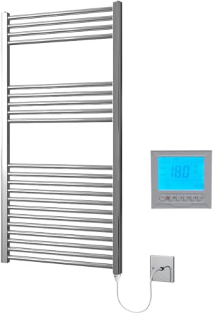 Greened House Chrome Electric Heated Towel Rail 600mm W x 1200mm H + Timer