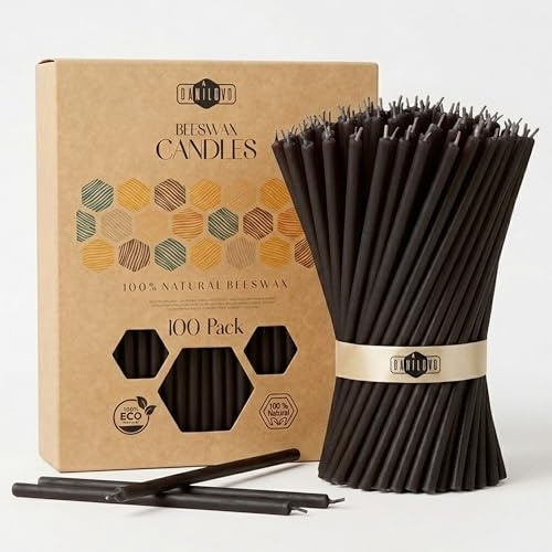 Danilovo 100 Candele Sottili in Cera d’Api - Candele Ortodosse da Chiesa in Cera d’Api con Stoppino in Cotone, Rituali per Meditazione, Preghiera e Altare Domestico, Profumo di Miele (16 cm, Nero)