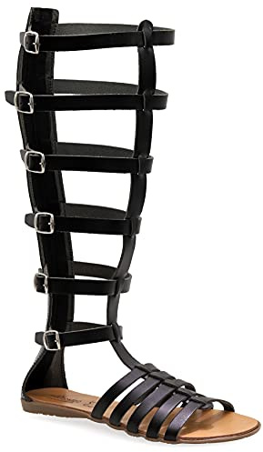 Emmanuela Sandalias Gladiador de Piel Hechas a Mano en Piel, Hasta la Rodilla con Cremallera en la Parte Superior, Zapatos Planos de Verano con Tirantes para Mujer