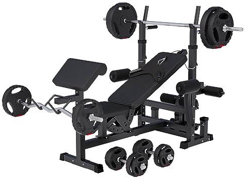 GORILLA SPORTS® Banc de Musculation - Set Haltères 100kg, Avec Support, Max. 280kg, Noir/Blanc - Banc d'Haltérophilie, Multifonction, pour Complet du Corps, Entraînement, Abdominaux, Fitness, Gym