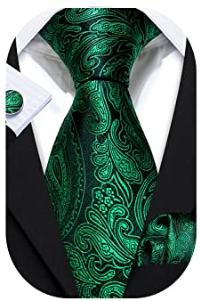 Barry.Wang Emerald Green Paisley Man Tie Set Silk Solid Necktie Cufflinks Handkerchief Woven Wedding Prom Party